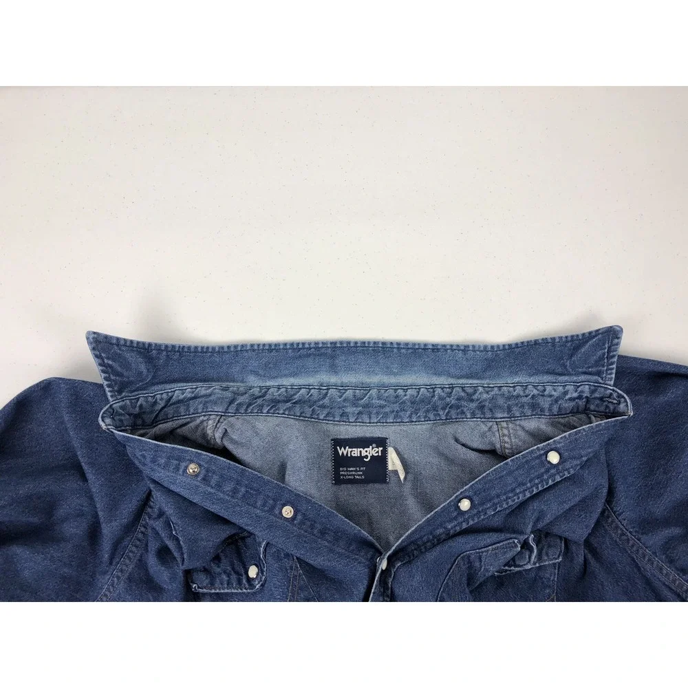 Wrangler Vintage Mens 19 X 35 Shirt Pearl Snap Denim Big Mans Fit X Long Tail